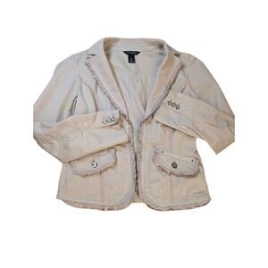White House Black Market Women's Ivory Ruffle Trim Blazer Shacket Size 8 Y2K